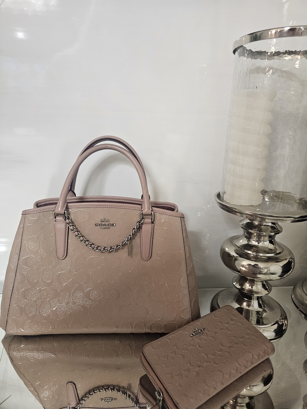 Coach Blush Pink Embossed Leather Satchel with Chain And Wallet